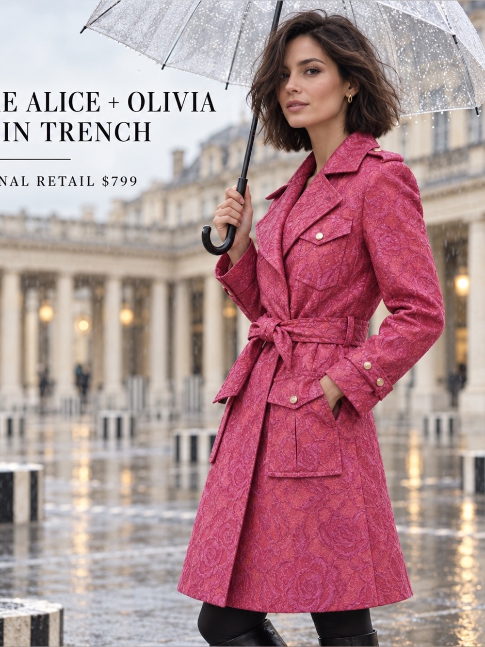 RARE Alice + Olivia Jacquard Trench Coat Belted Brocade NWOT Pink Metallic Rose - Picture 1 of 11